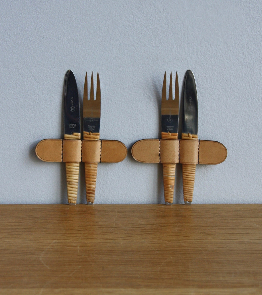 Two Sets of upright Knives & Forks in Stainless Steel & Wicker, Carl Auböck