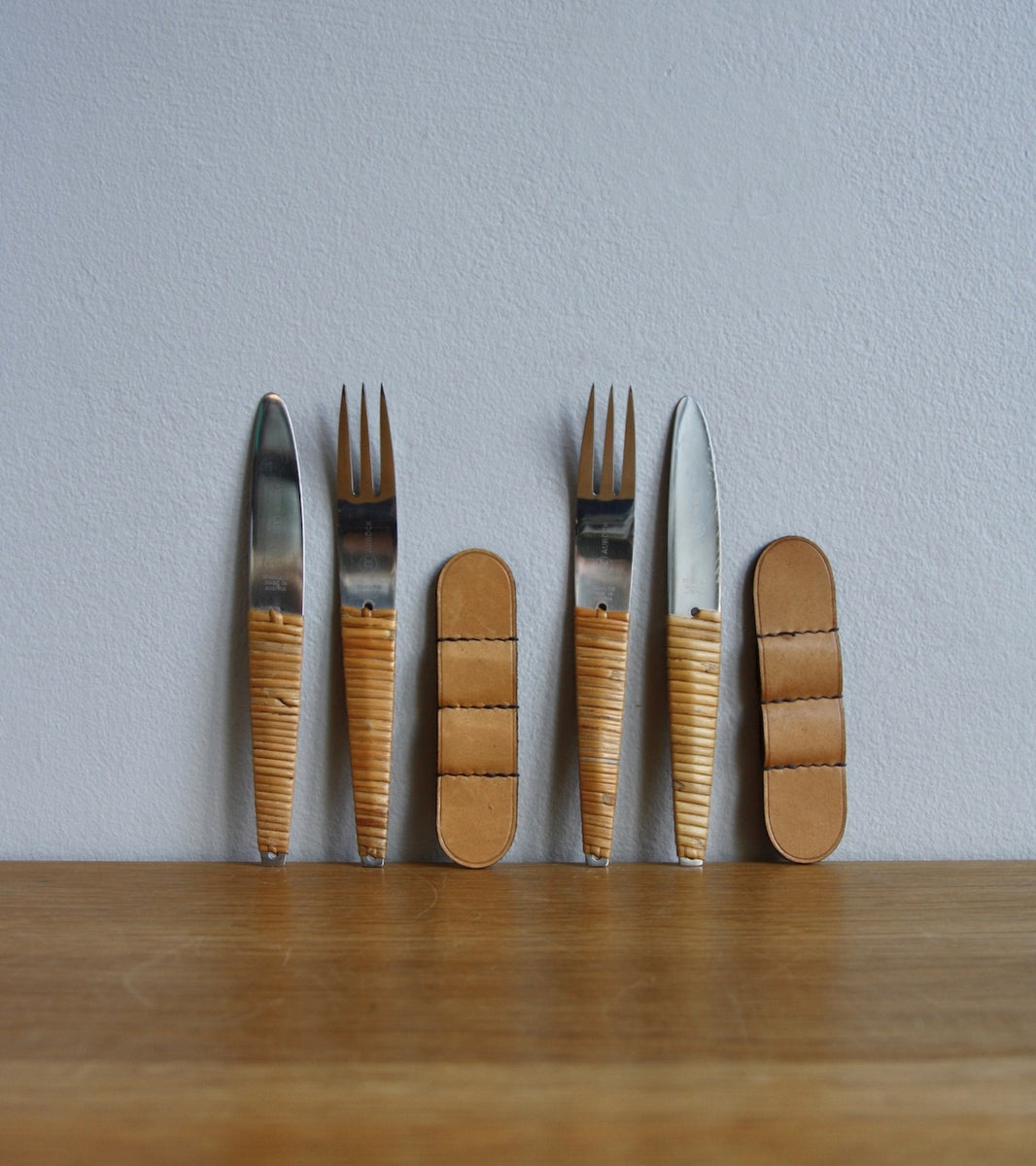 Mid-20th Century Metal & Woven Wicker Sets of Knives & Forks, Carl Auböck