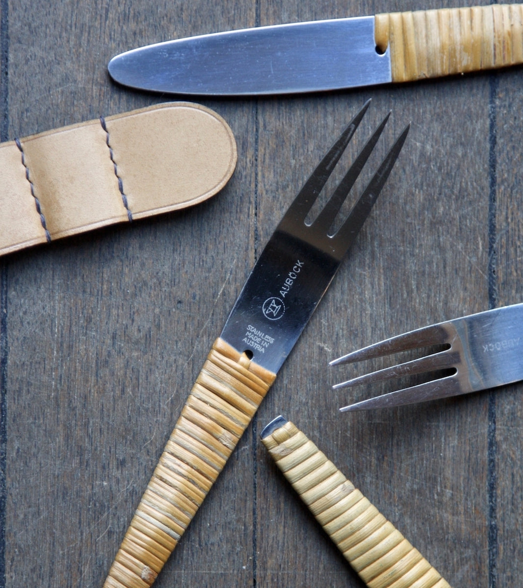 Close-up of Two Sets of Vintage Metal Knives & Forks, Carl Auböck