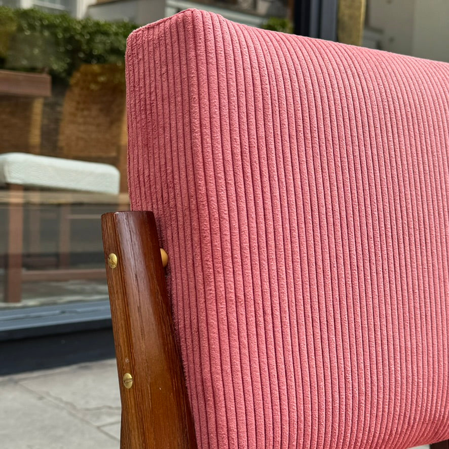 Bent Oak & Pink Cord Chairs/ Dřevopodnik Holešov/ Czech Republic, 1970s