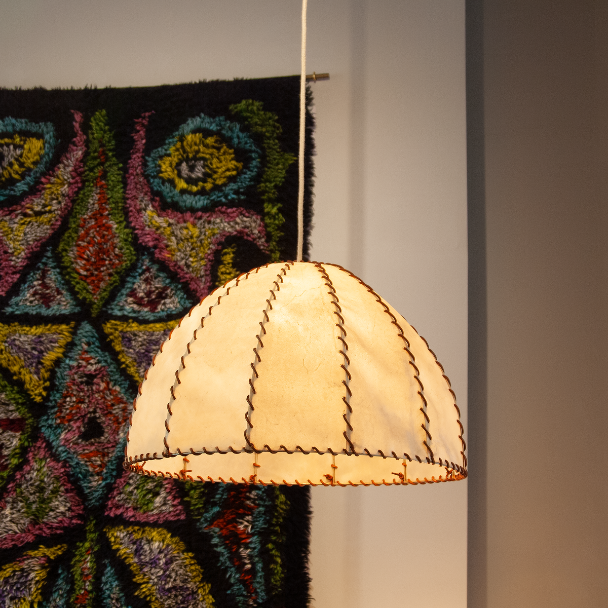 Very Large Vellum & Leather Lampshade / Italy, c. 1970
