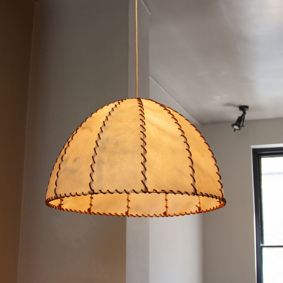 Very Large Vellum & Leather Lampshade / Italy, c. 1970