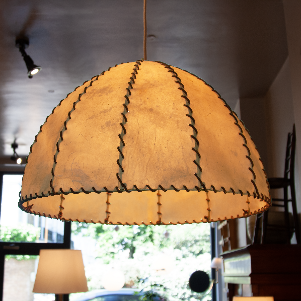 Very Large Vellum & Leather Lampshade / Italy, c. 1970