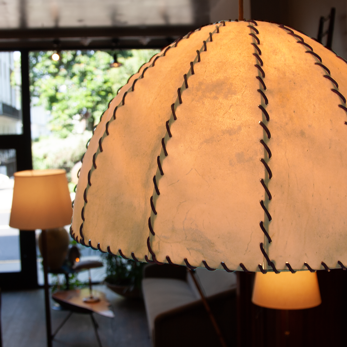 Very Large Vellum & Leather Lampshade / Italy, c. 1970