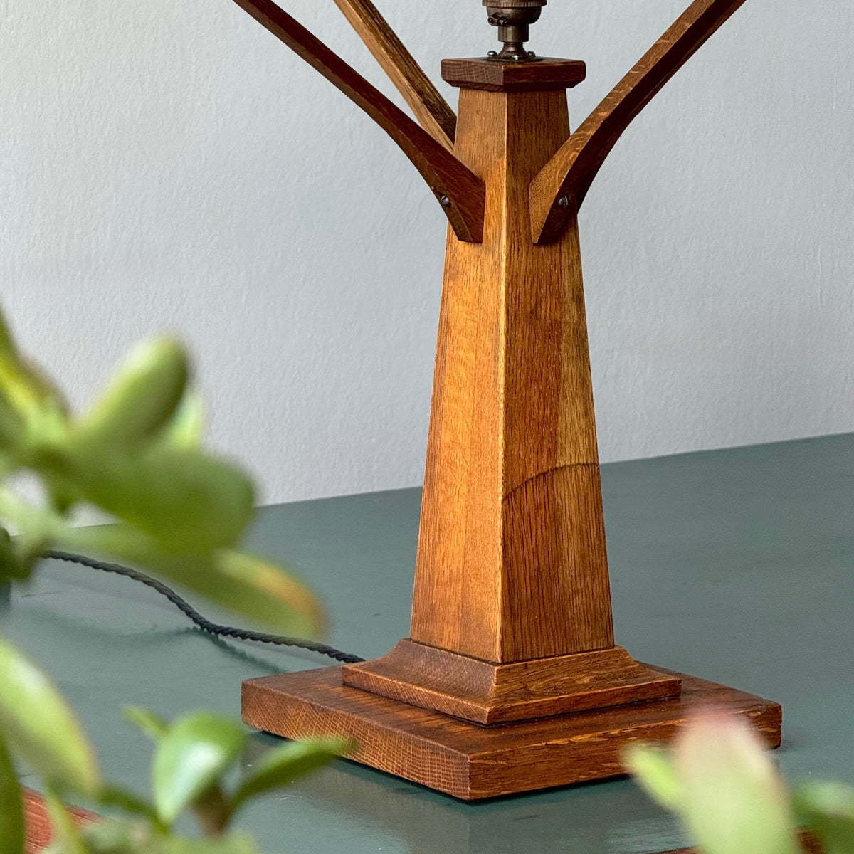 Wooden lamp on a table with a plant in the foreground