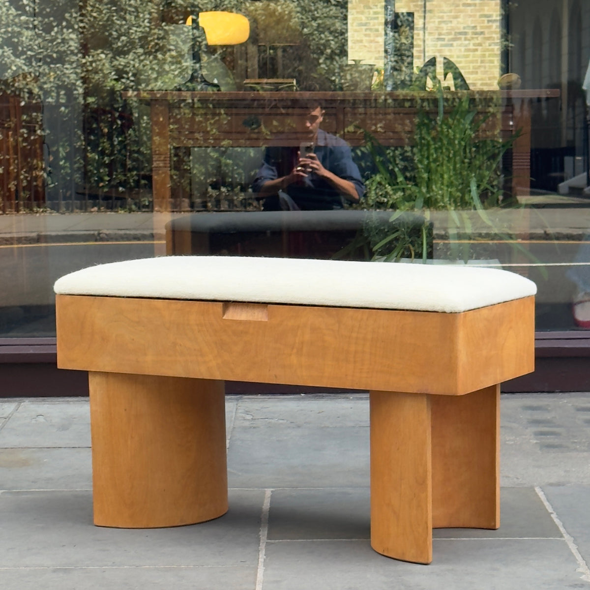 An upholstered plywood bench designed by British Modernist, Gerald Summers and manufactured by his company, Makers of Simple Furniture (1931-1940).
