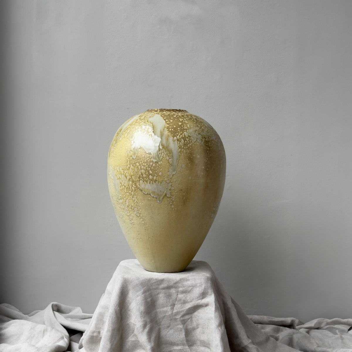 Large Broad-Shouldered Baluster Vase / White & Yellow Glaze