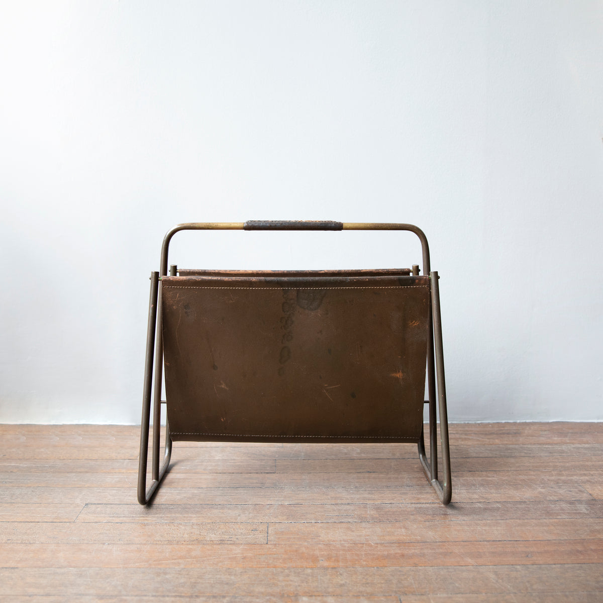 Early Brass & Leather Magazine Rack / Carl Auböck II