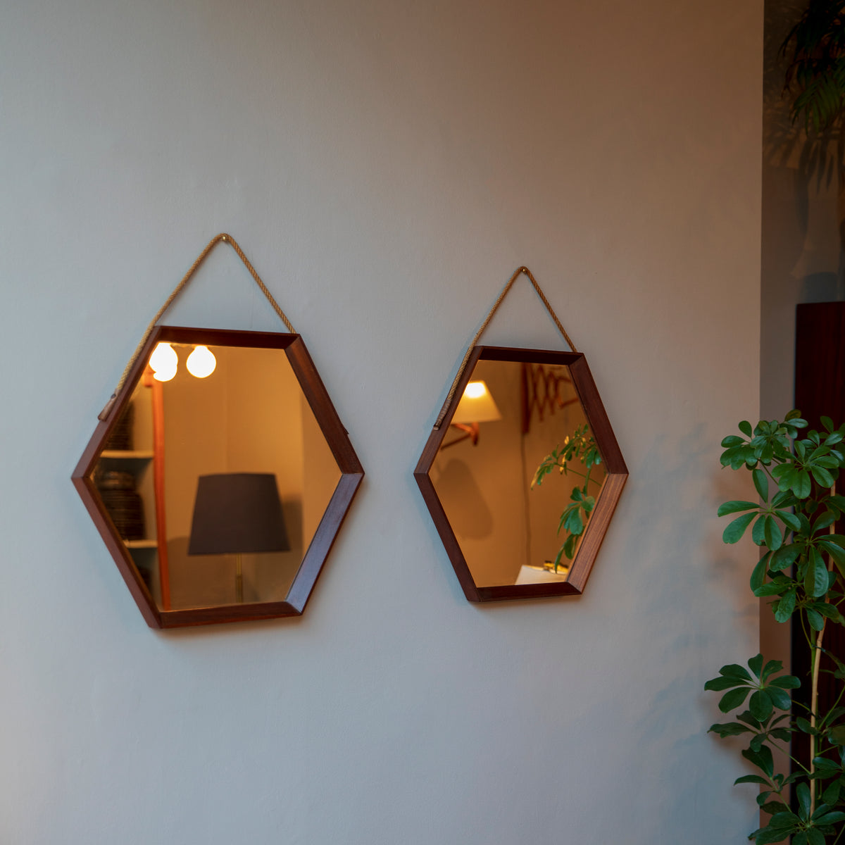Pair of Hexagonal Wall Mirrors / Denmark, 1950s
