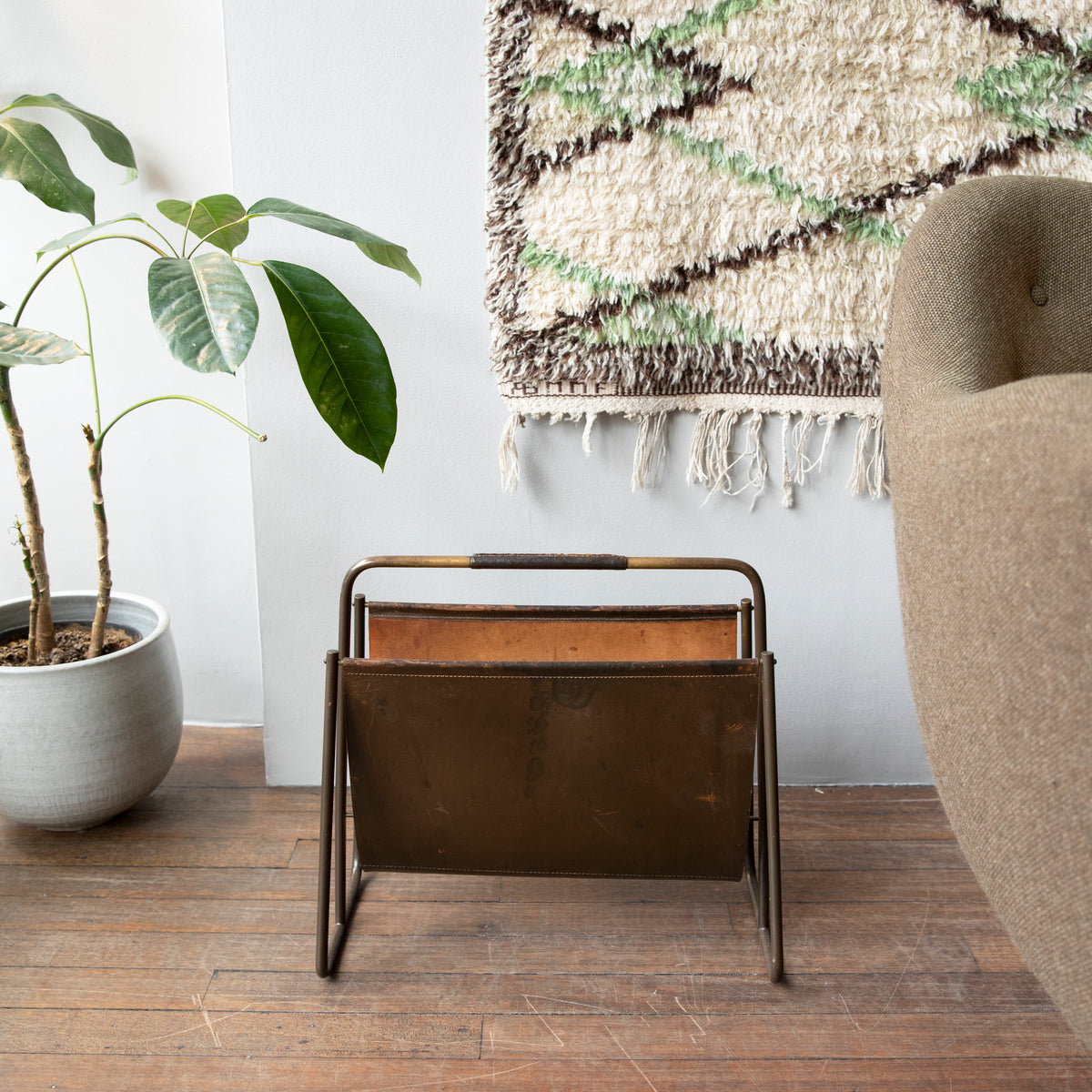 Early Brass & Leather Magazine Rack / Carl Auböck II