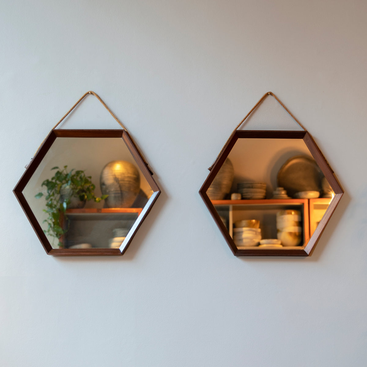 Pair of Hexagonal Wall Mirrors / Denmark, 1950s