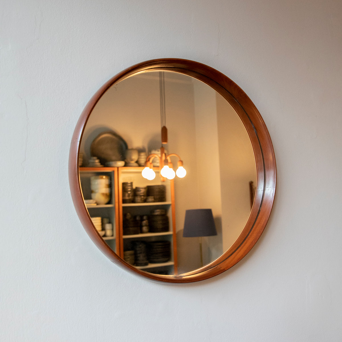 Round Teak Wall Mirror / Denmark, 1950s