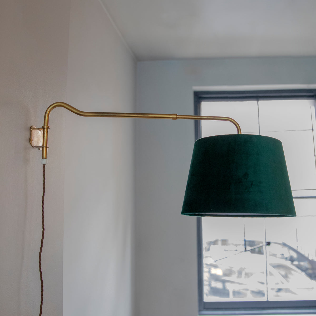 Adjustable Wall Lamp / Brass & Green Velvet / Denmark, 1950s