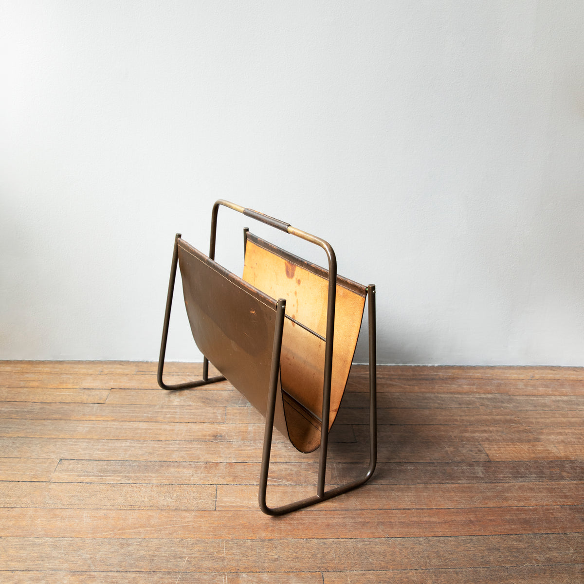 Early Brass & Leather Magazine Rack / Carl Auböck II