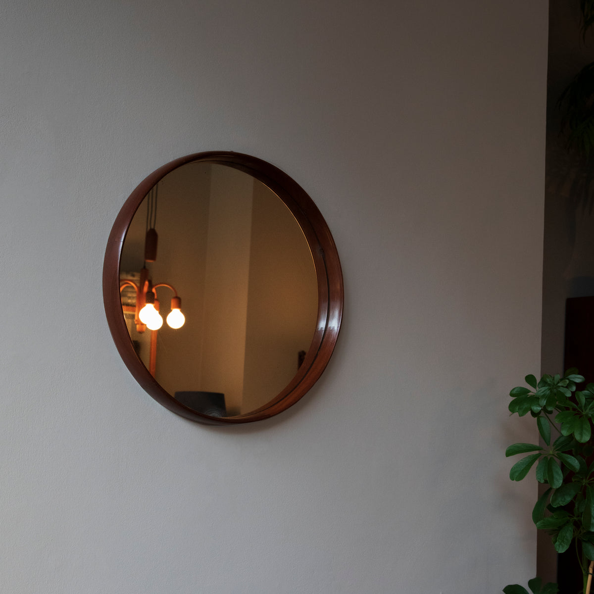 Round Teak Wall Mirror / Denmark, 1950s