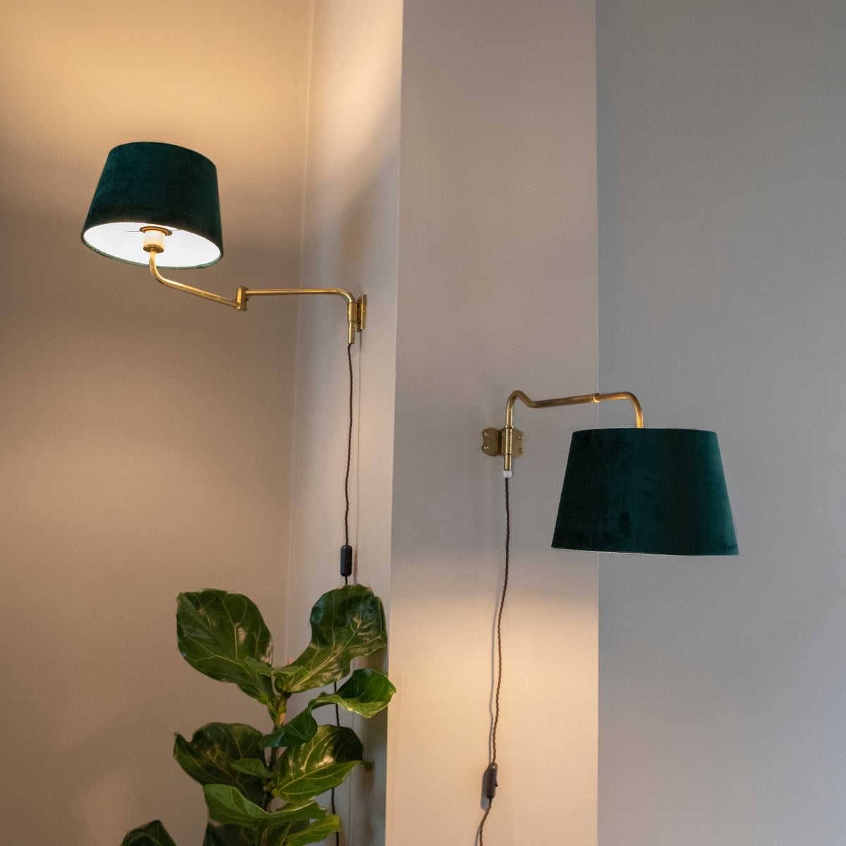 Adjustable Wall Lamp / Brass & Green Velvet / Denmark, 1950s