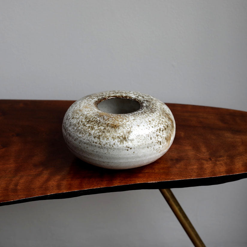Curling Stone Shaped Vase / White & Brown Glaze