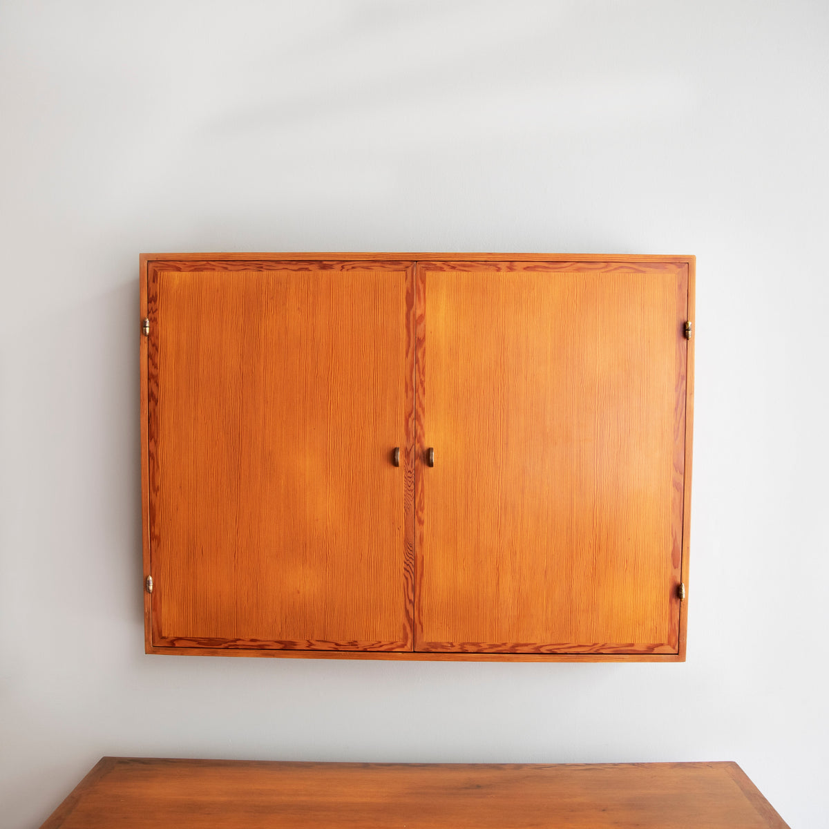 Oregon Pine & Brass Vanity Mirror Cabinet / Denmark, 1960s.
