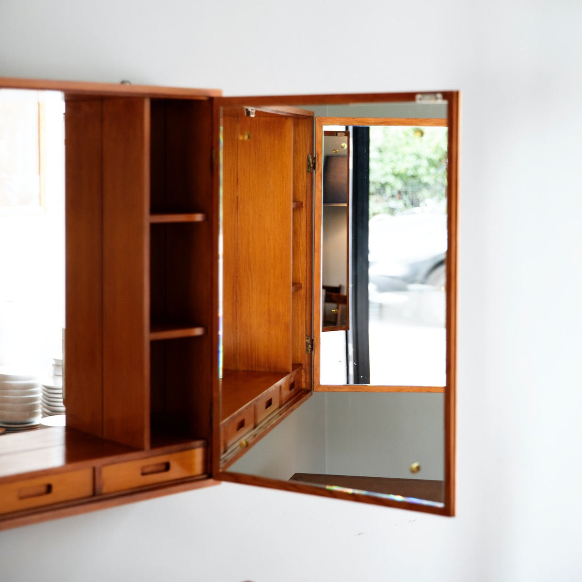 Oregon Pine & Brass Vanity Mirror Cabinet / Denmark, 1960s.