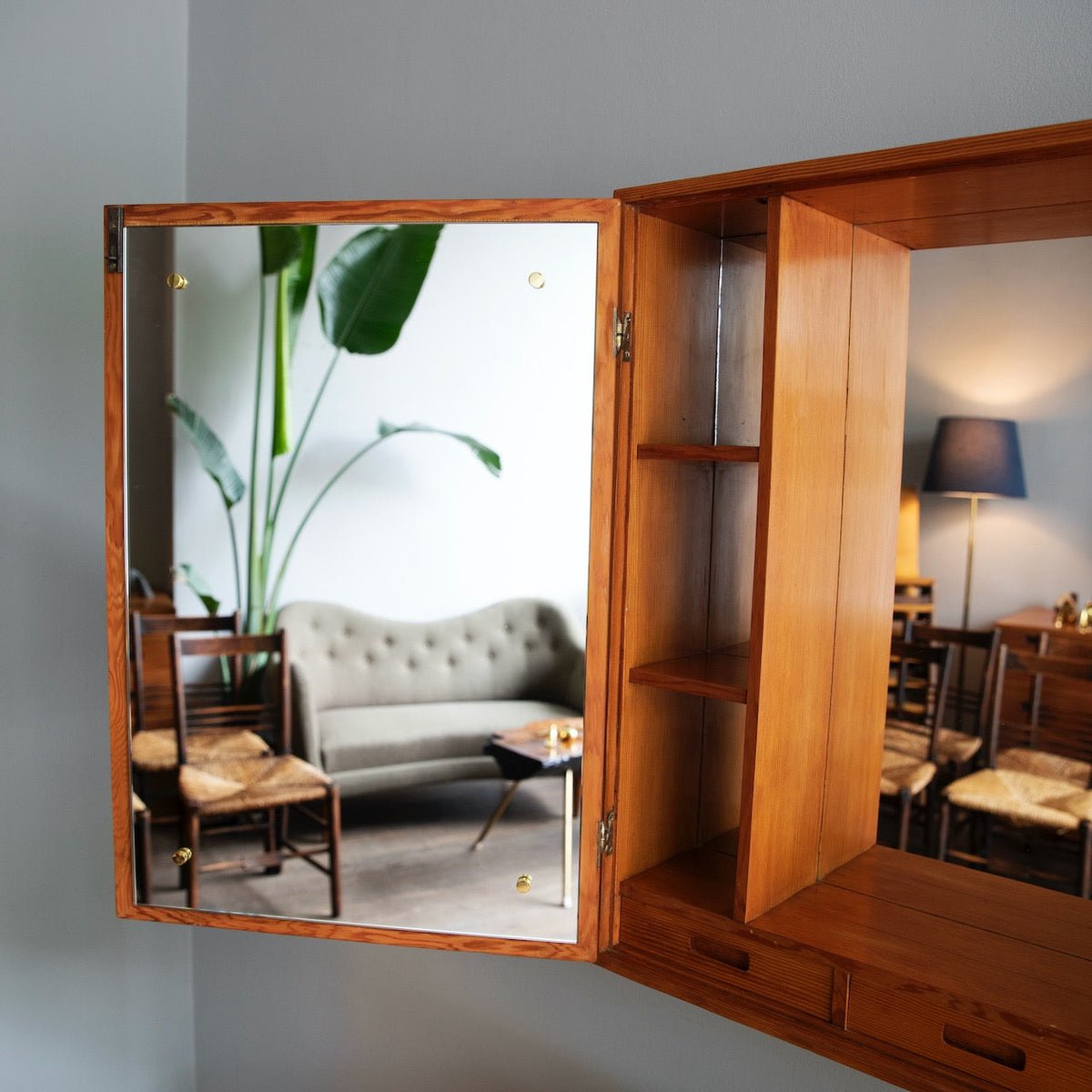 Oregon Pine & Brass Vanity Mirror Cabinet / Denmark, 1960s.