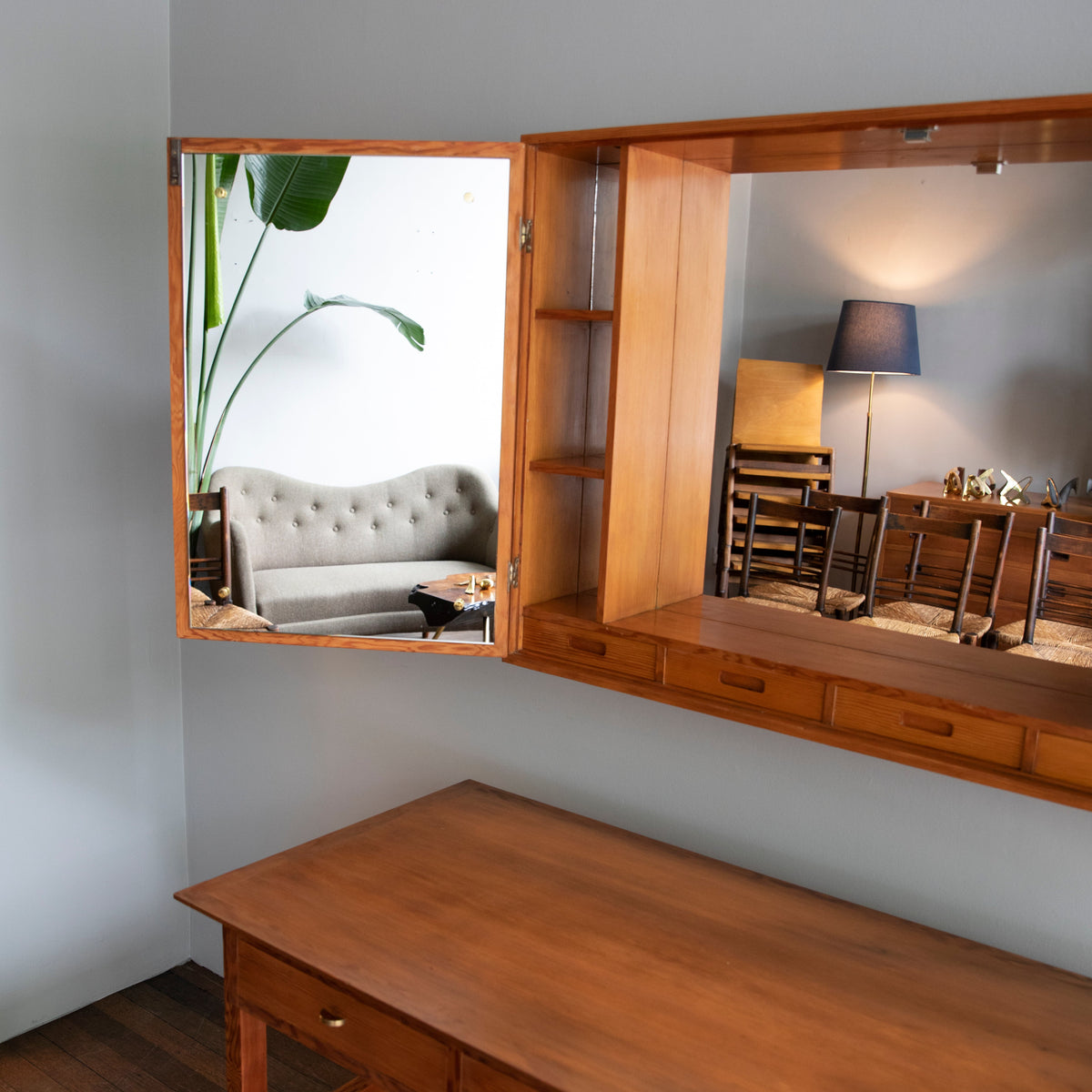 Oregon Pine & Brass Vanity Mirror Cabinet / Denmark, 1960s.