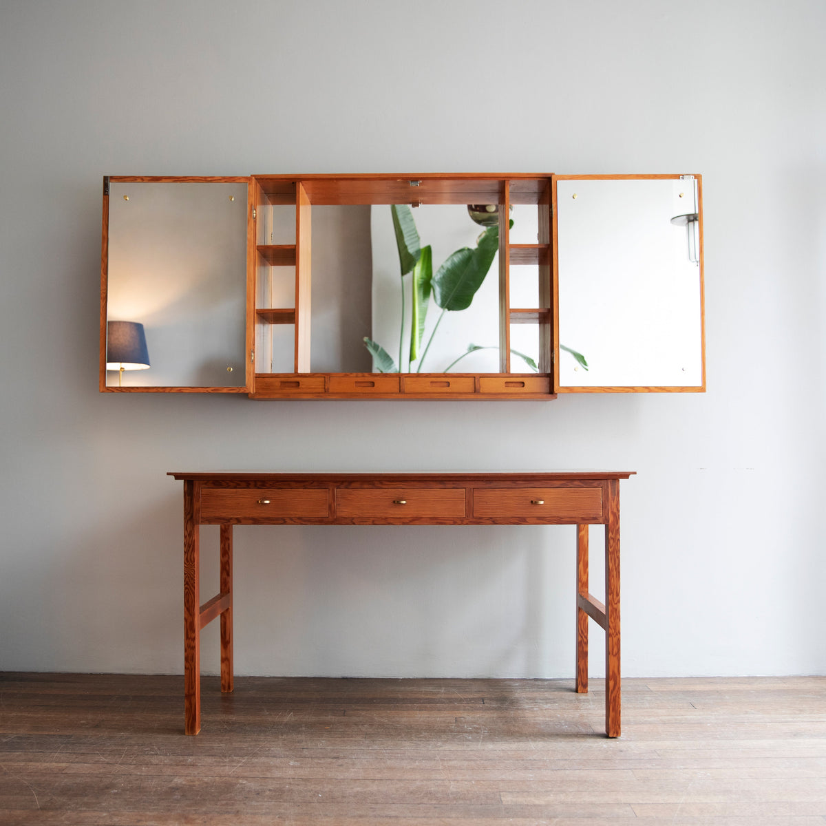 Oregon Pine & Brass Vanity Mirror Cabinet / Denmark, 1960s.