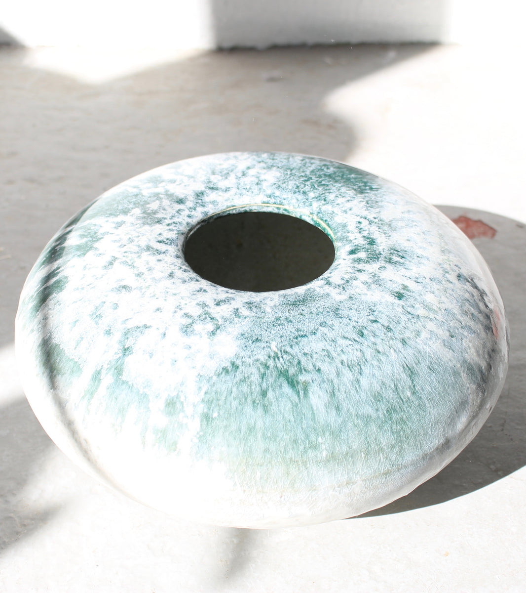 Curling Stone Shaped Vase <br> White & Teal Glaze