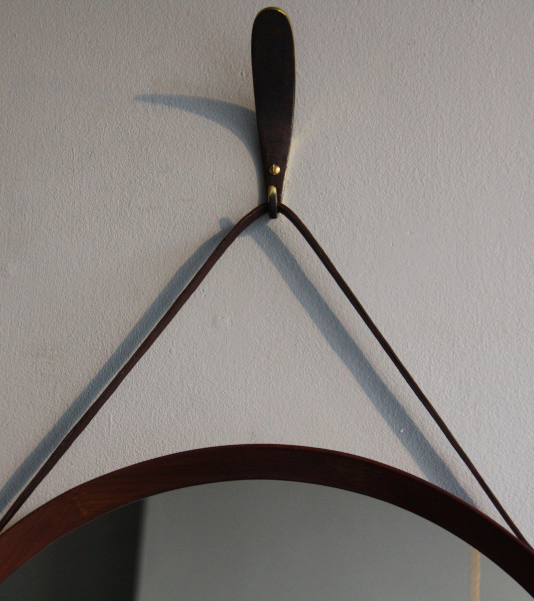 Leather Hanging Round Teak Mirror, Denmark, C.1950