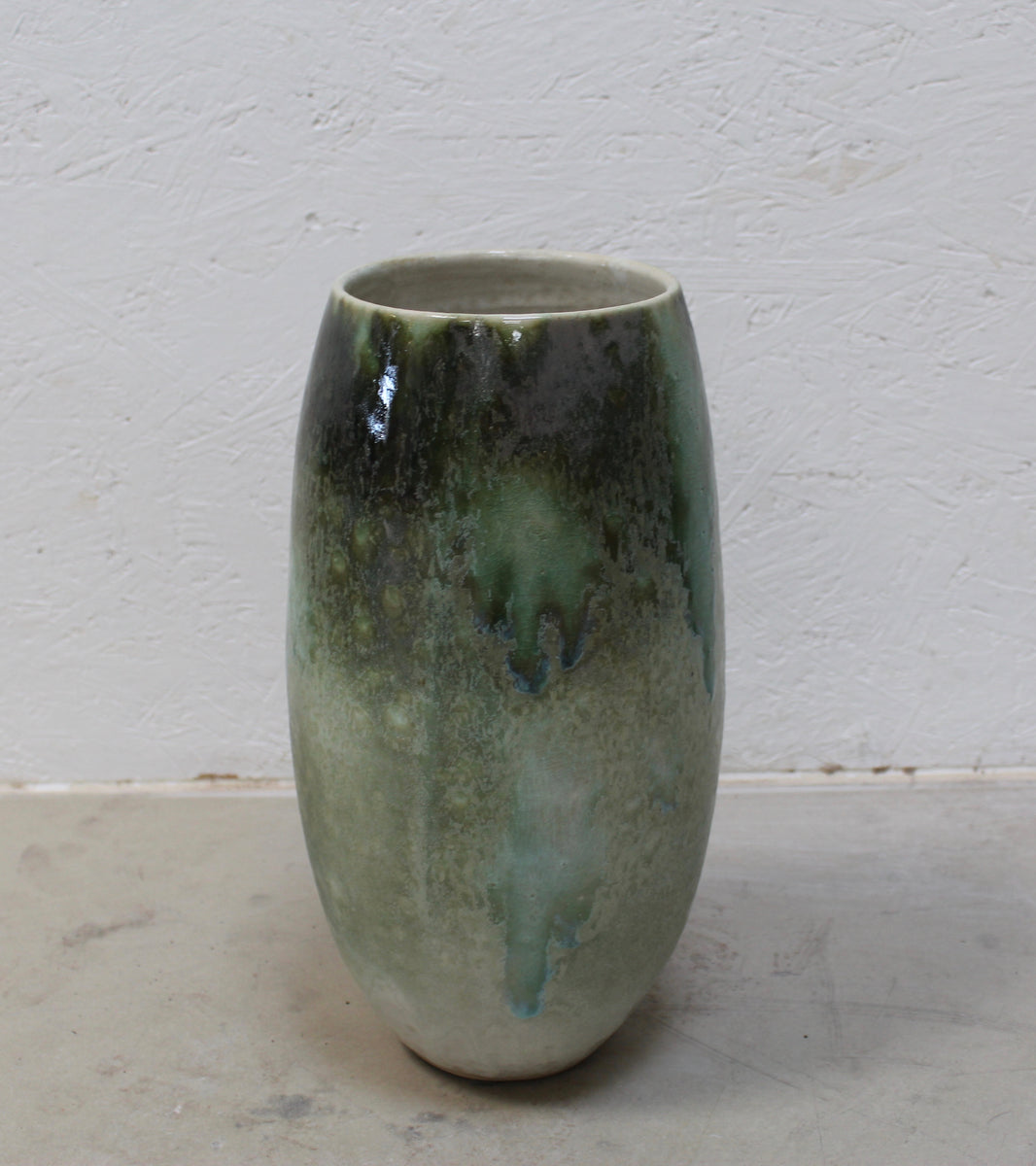 Tall Ovoid Vase with Wide Mouth <br> Green Glaze
