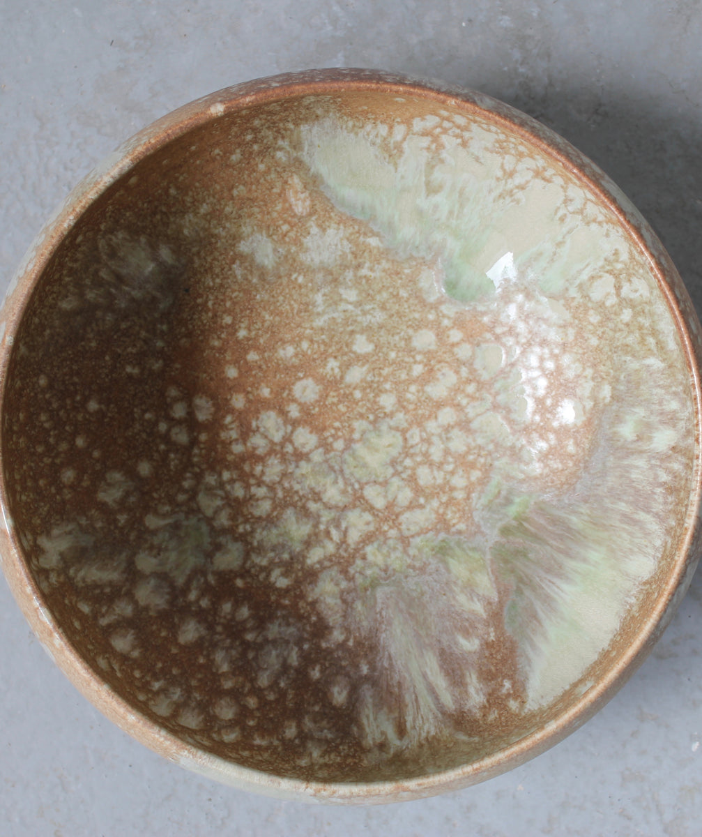Cauldron Shaped Bowl / Sand, Green & White Glaze