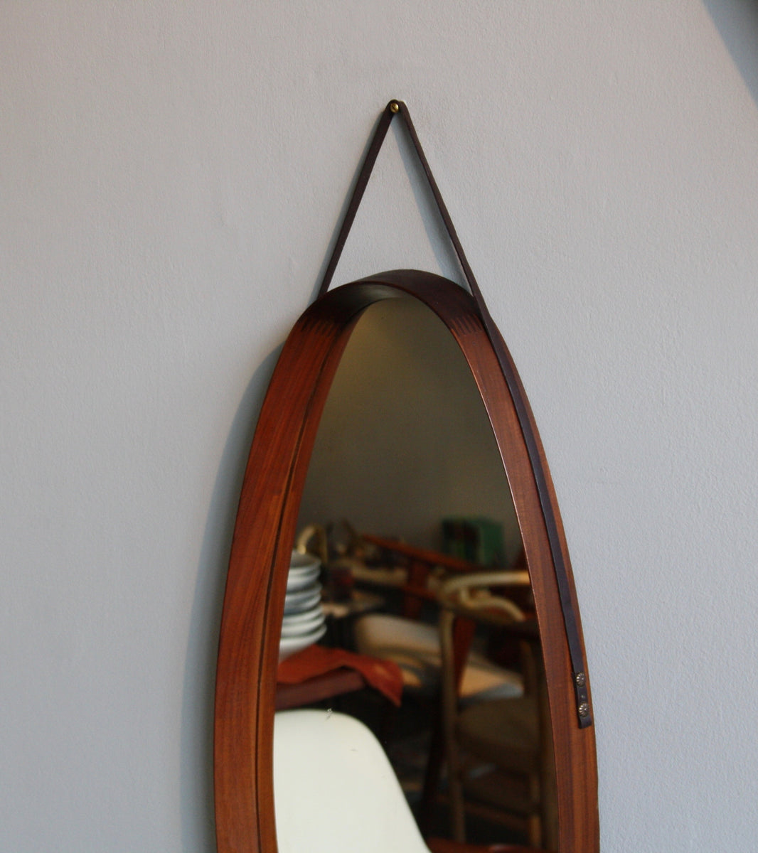 Long Teak Oval Mirror with Leather Strap Denmark C. 1950