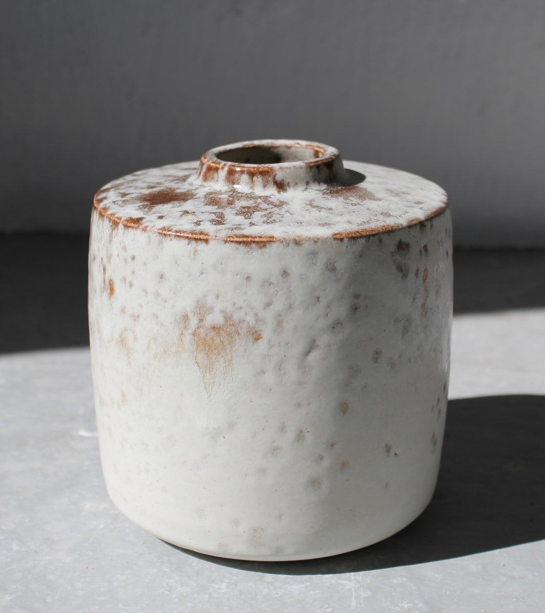 Small, Short Necked Flask Vase <br> White & Mauve Glaze