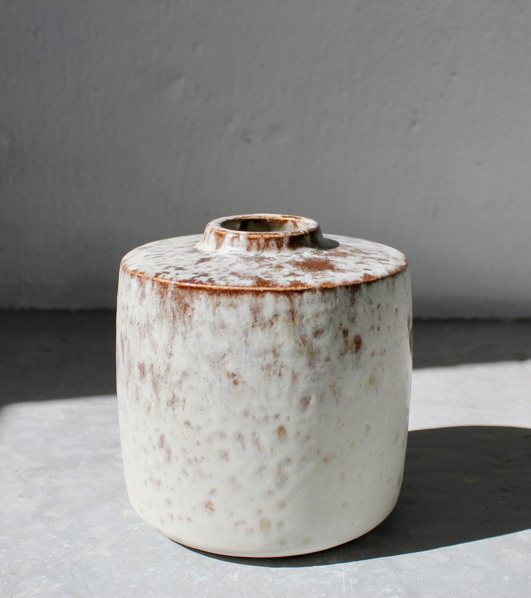 Small, Short Necked Flask Vase <br> White & Mauve Glaze