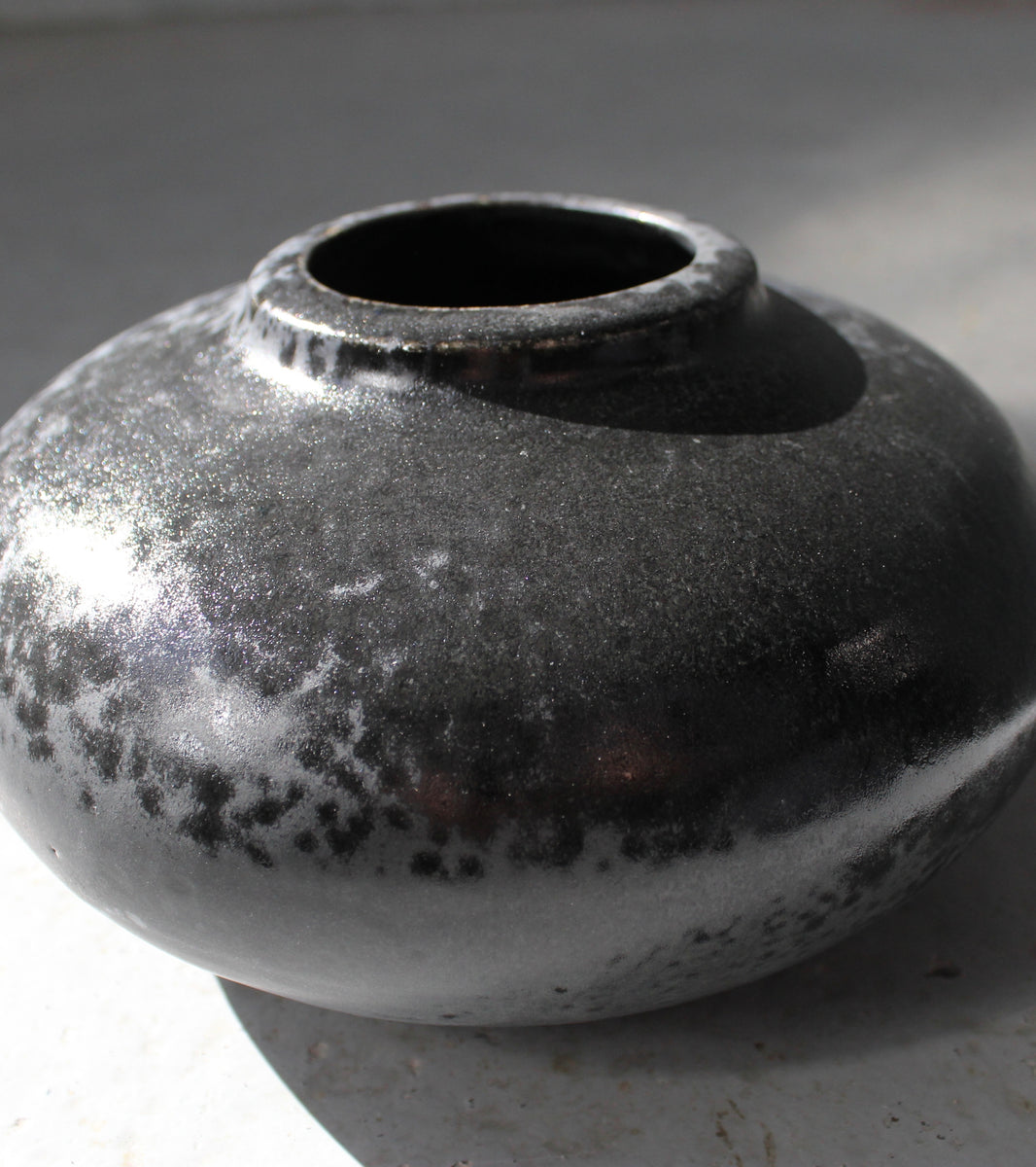 Short Necked Squat Onion Bottle <br> Black Glaze