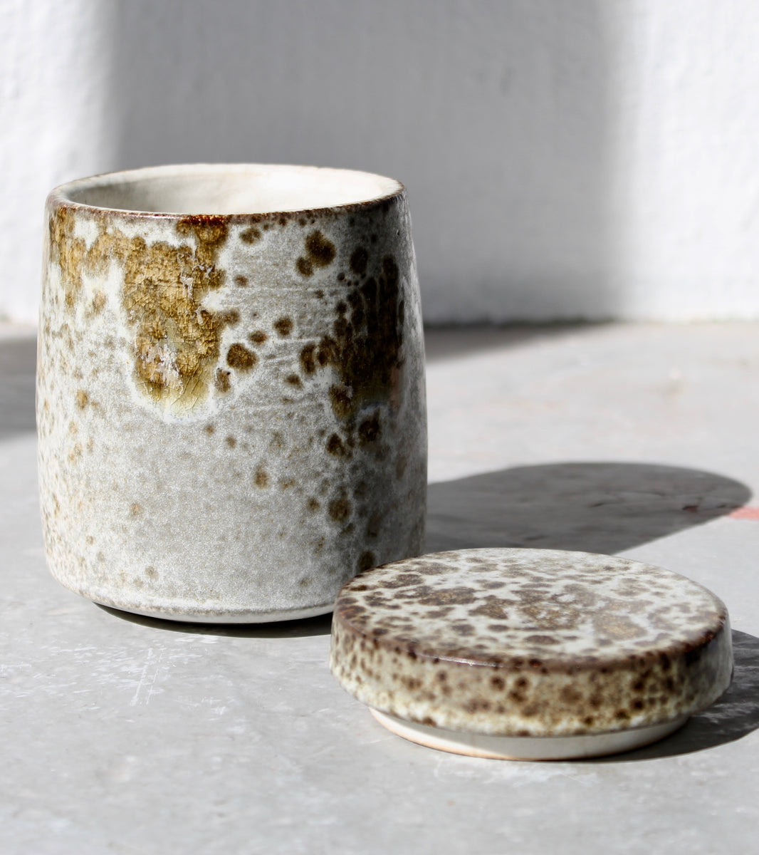 Tapering Lidded Jar <br> White & Brown Glaze