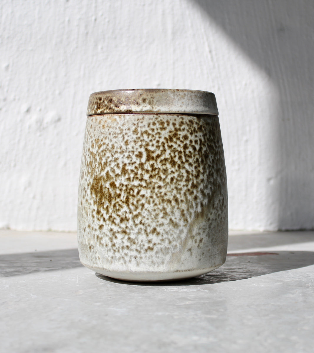 Tapering Lidded Jar <br> White & Brown Glaze