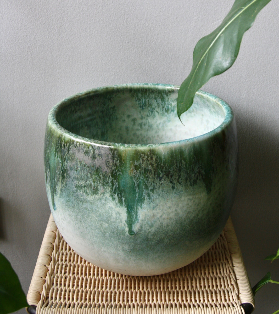 Medium Bell Shaped Planter / White & Green Glaze