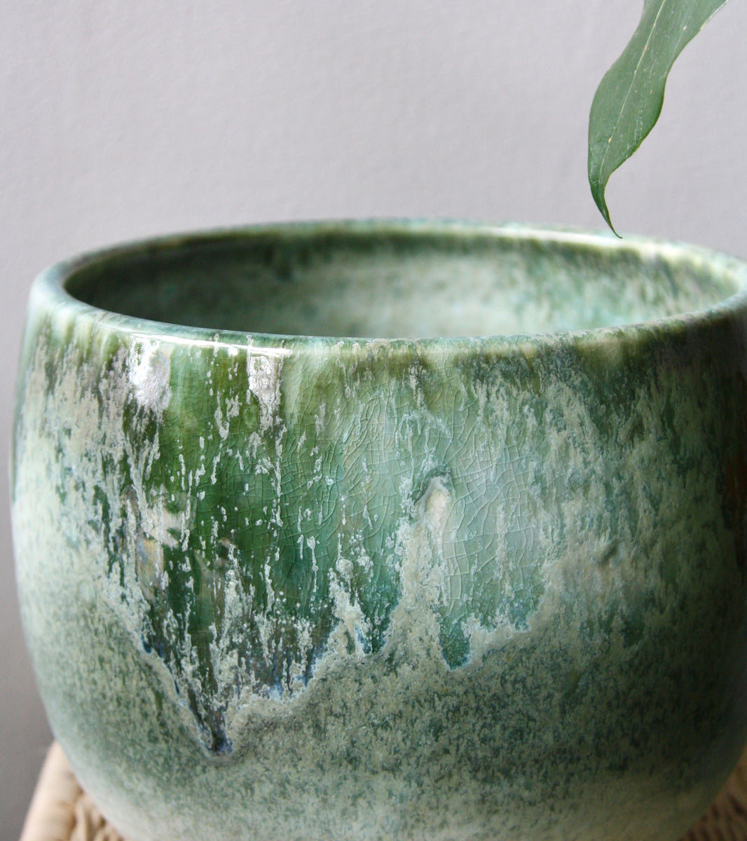Medium Bell Shaped Planter / White & Green Glaze