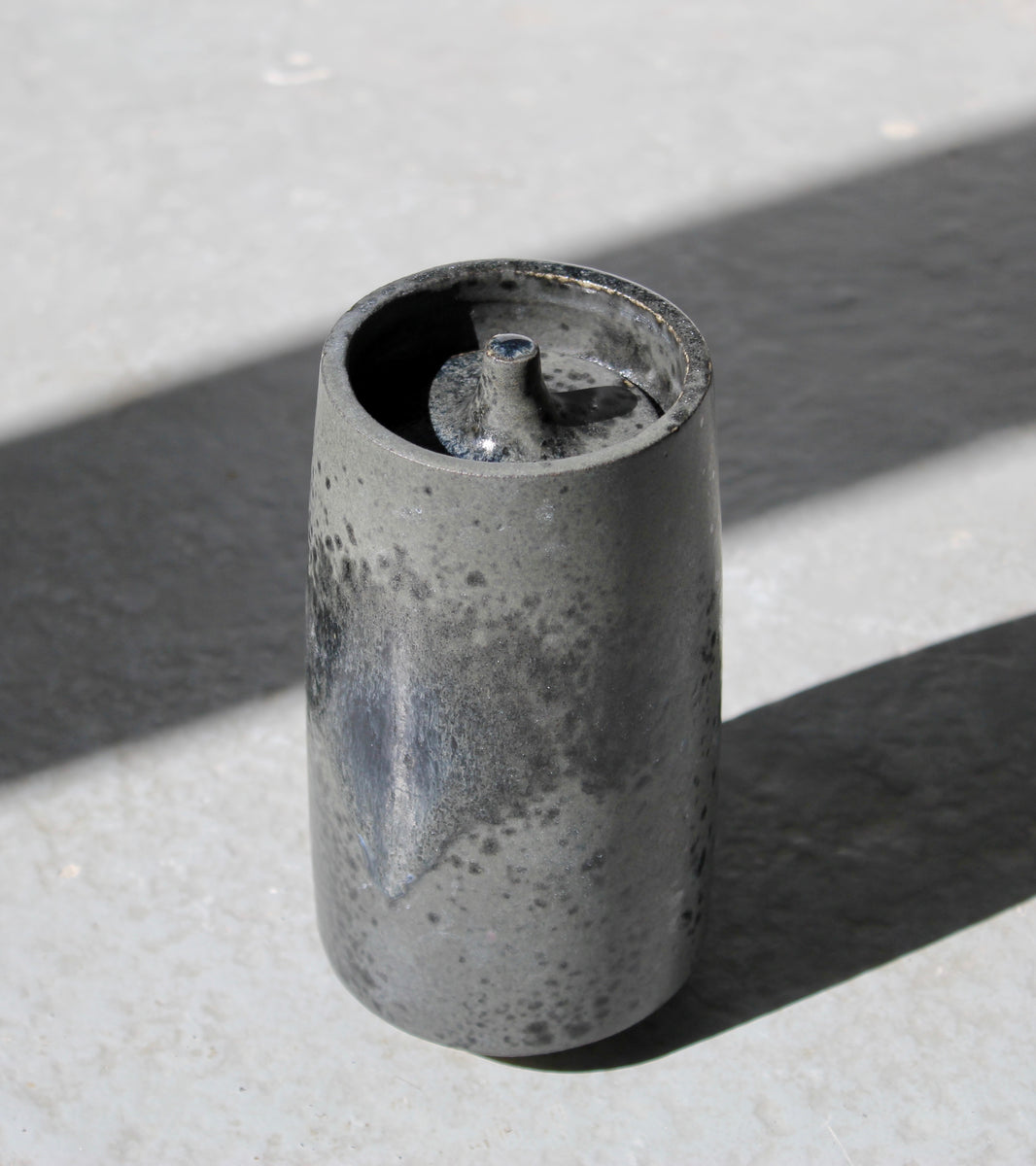 Tall Pot with Finger-Pinched Lid <br> Black & Blue Glaze