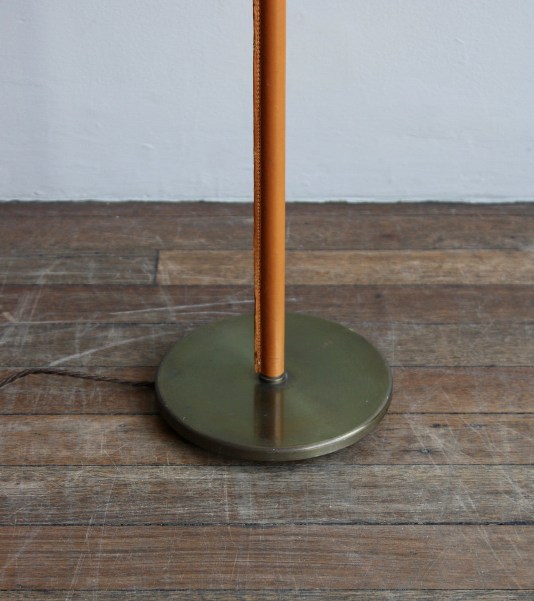 Brass & Tan Leather Floor Light, Denmark, Circa 1950