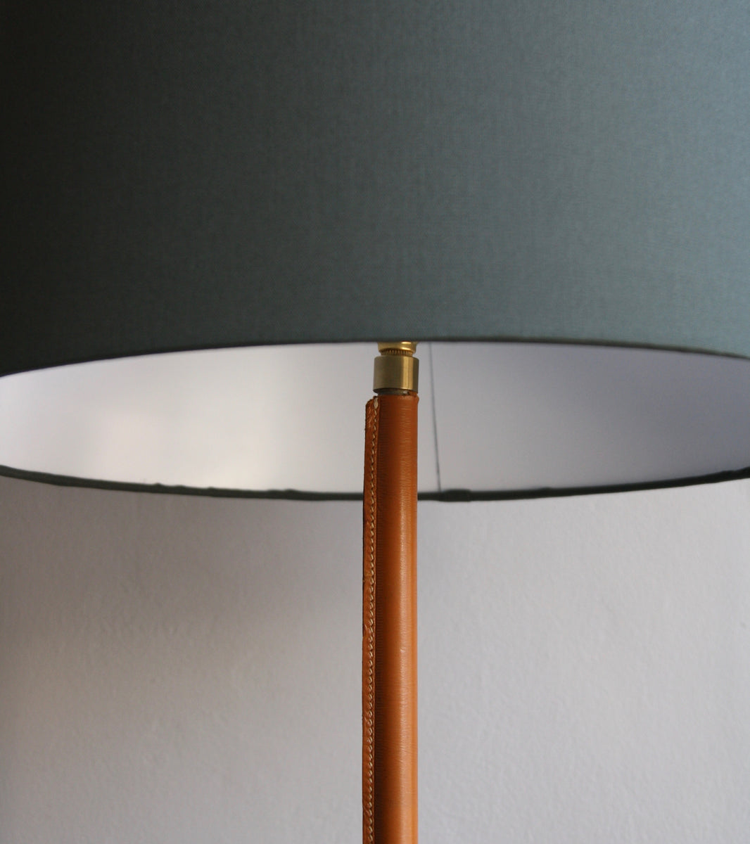 Brass & Tan Leather Floor Light, Denmark, Circa 1950