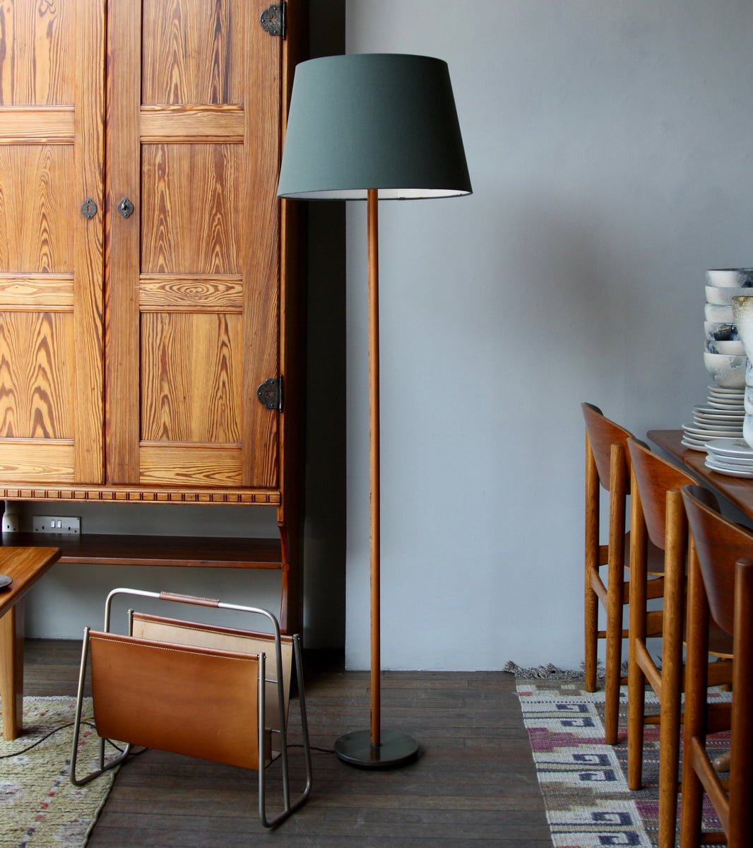 Brass & Tan Leather Floor Light, Denmark, Circa 1950