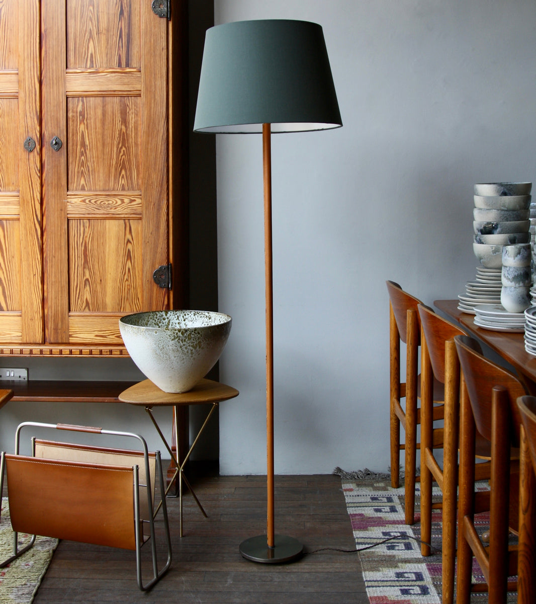 Brass & Tan Leather Floor Light, Denmark, Circa 1950