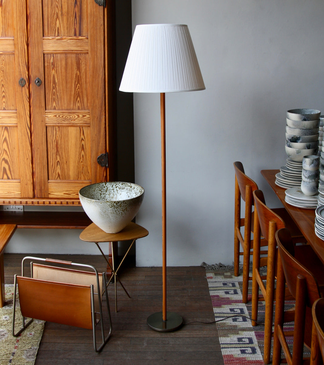 Brass & Tan Leather Floor Light, Denmark, Circa 1950