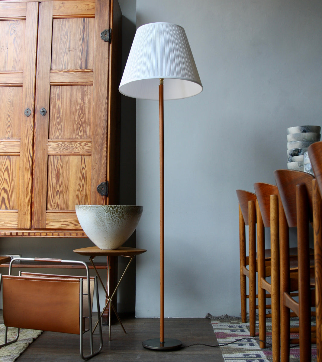 Brass & Tan Leather Floor Light, Denmark, Circa 1950