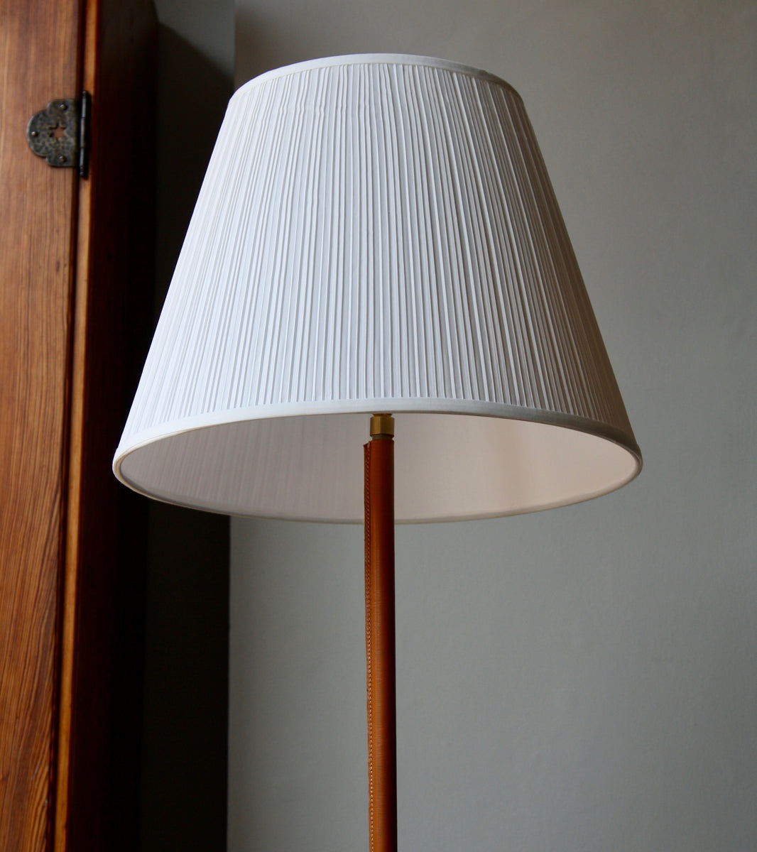 Brass & Tan Leather Floor Light, Denmark, Circa 1950