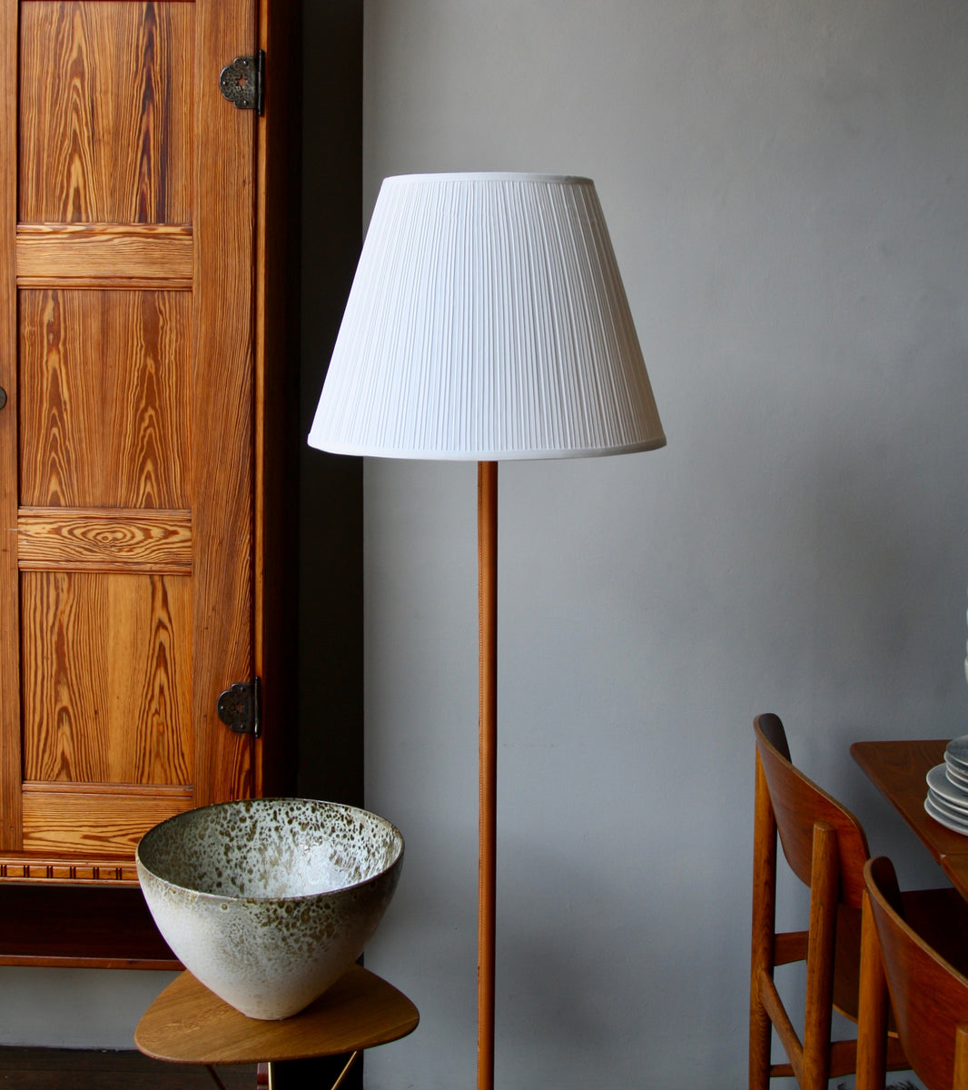 Brass & Tan Leather Floor Light, Denmark, Circa 1950