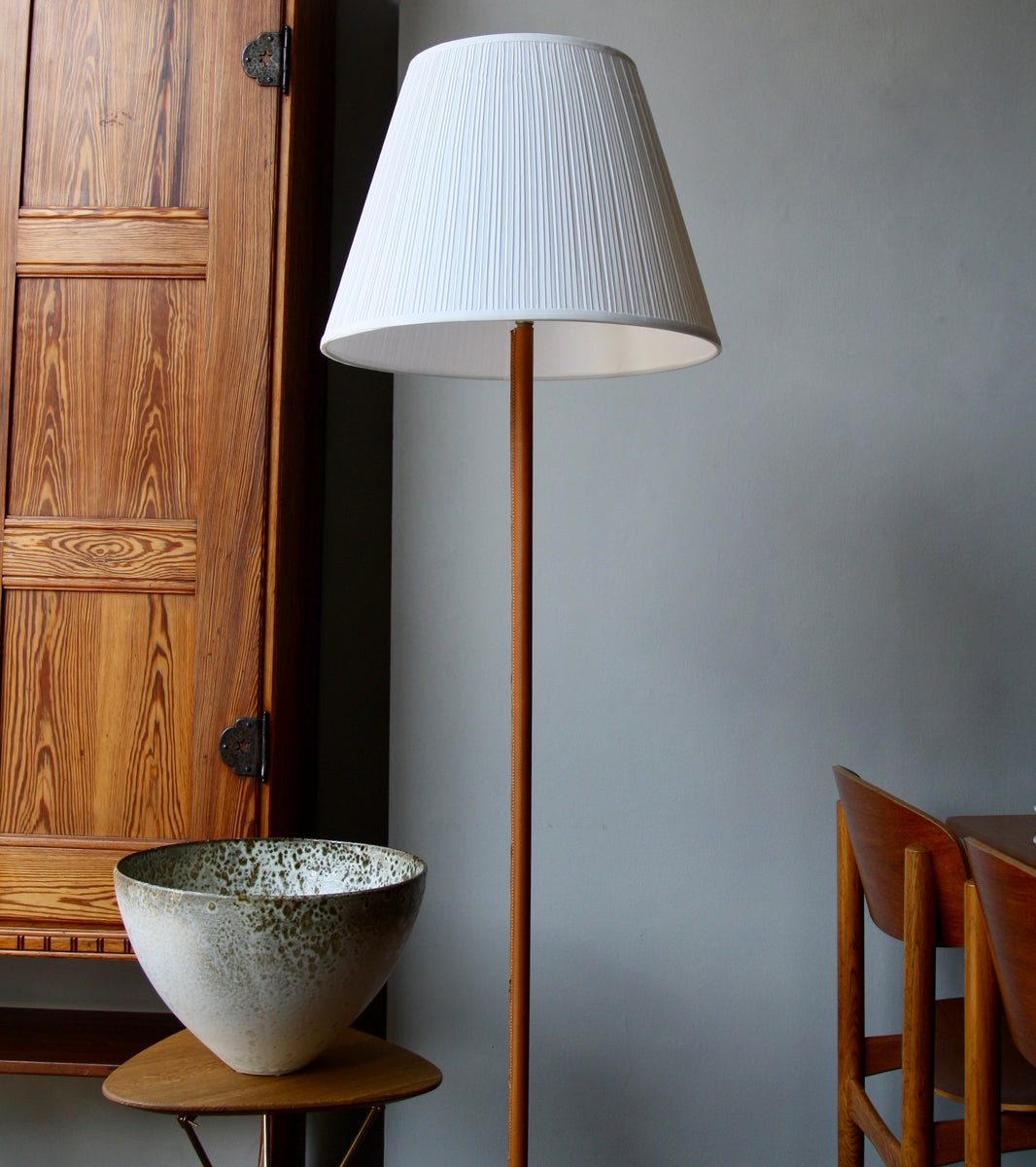 Brass & Tan Leather Floor Light, Denmark, Circa 1950