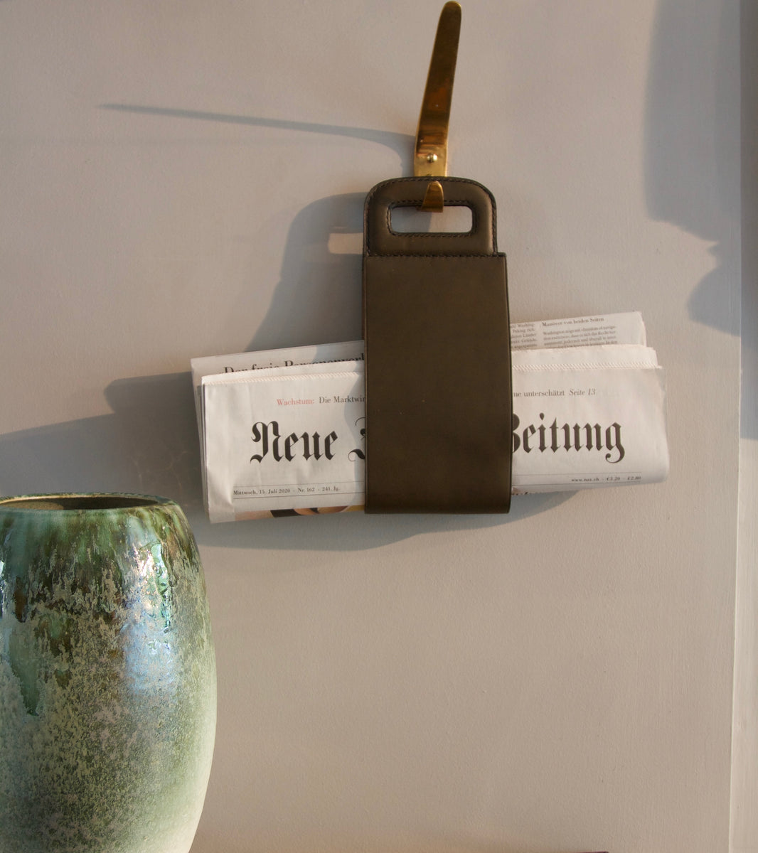 Green Leather Newspaper Carrier <BR> by Carl Auböck III