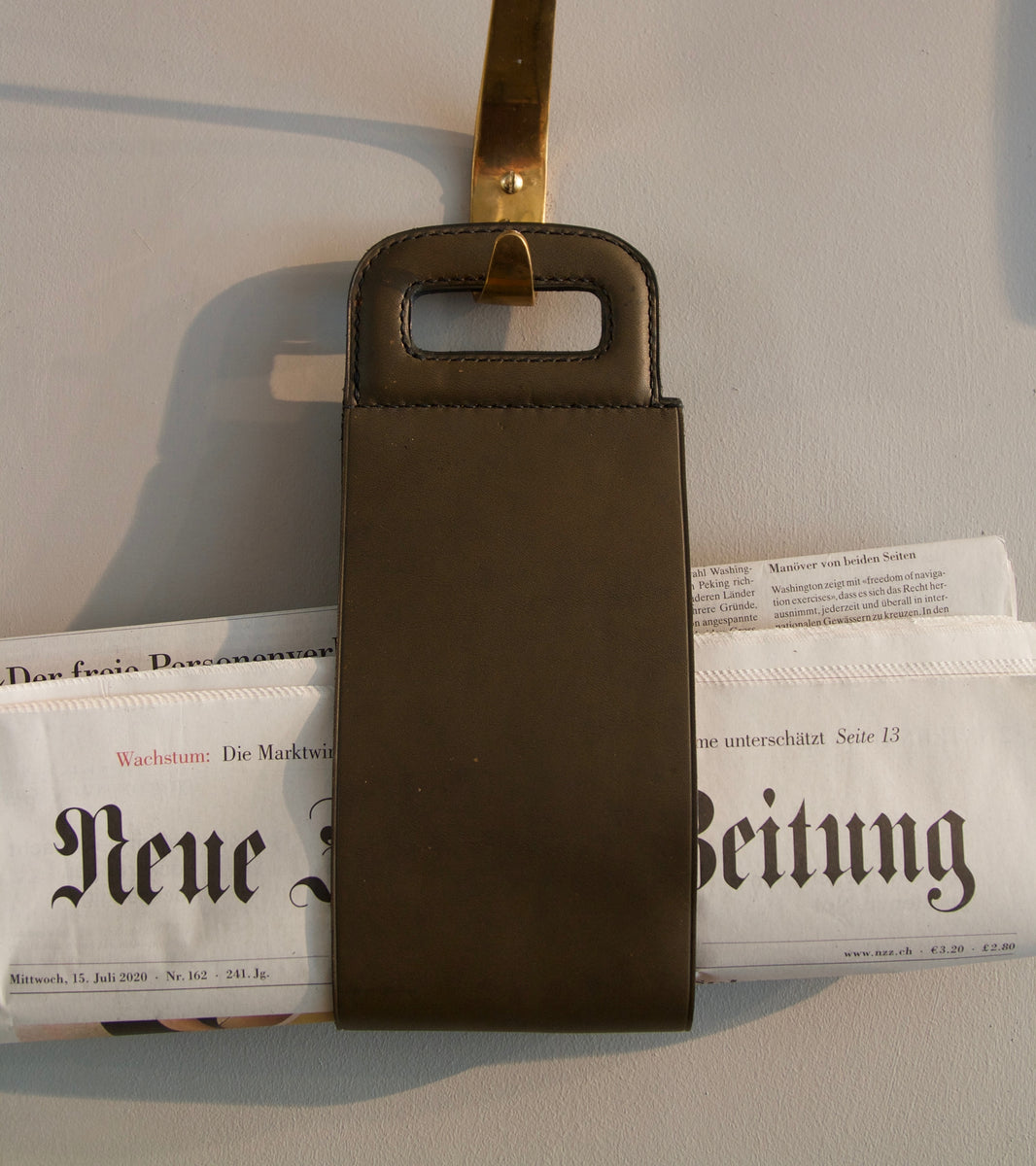 Green Leather Newspaper Carrier <BR> by Carl Auböck III